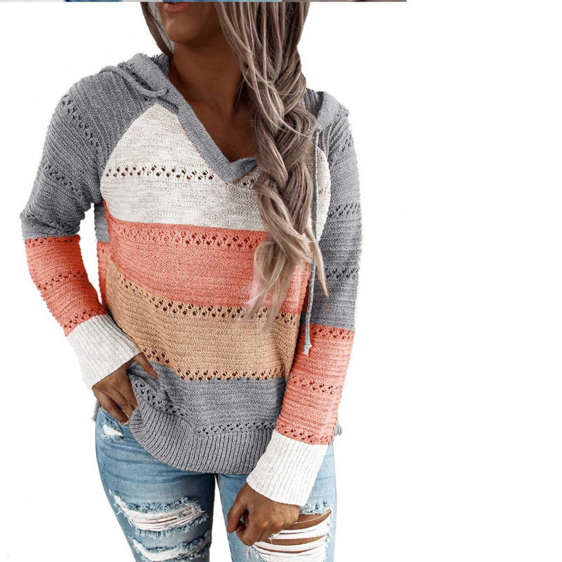 Contrast Color Sweater Women's V-neck Hooded Knitted Sweater for Women