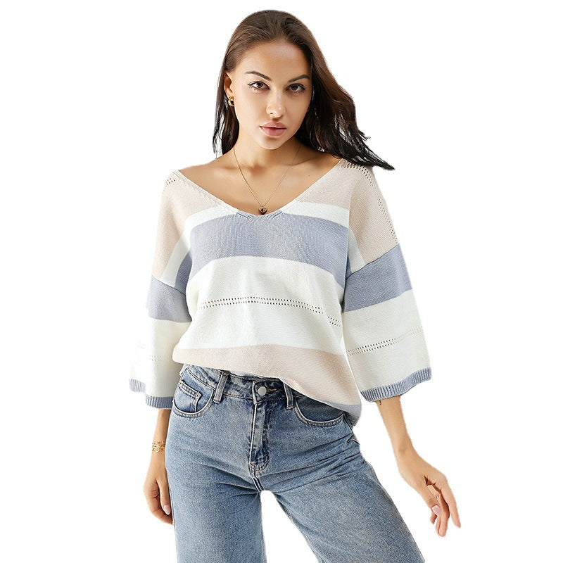 Contrast Color Knitwear Women's Style Loose Ninth-Sleeve Women's Casual Style