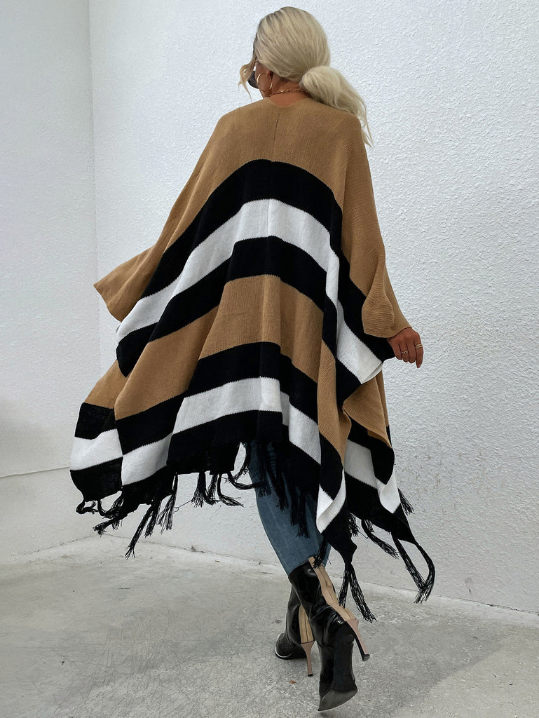 Autumn and Winter New Striped Contrast Color Tassel Shawl Sweater Cloak