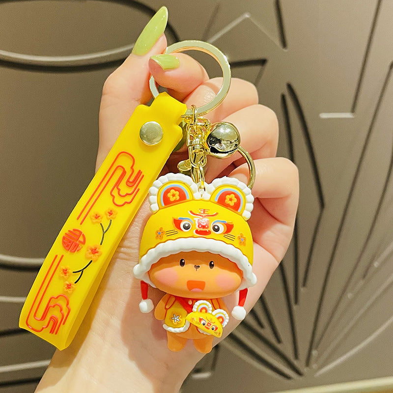 Cartoon Tiger Head Hat Animal Keychain Female Cute Lion Dance Doll Trend Couple Key Chain Handbag Pendant