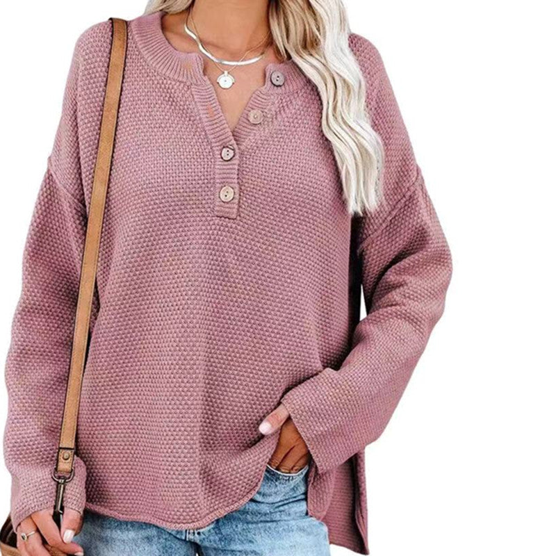 Autumn and Winter Solid Color European and American Sweater Women's Half Cardigan Button Sweater Pullover Women's Top