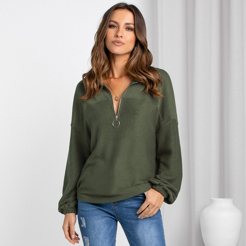 European and American women's clothing autumn and winter new tops women's fashion casual pullover V-neck solid color loose sweater