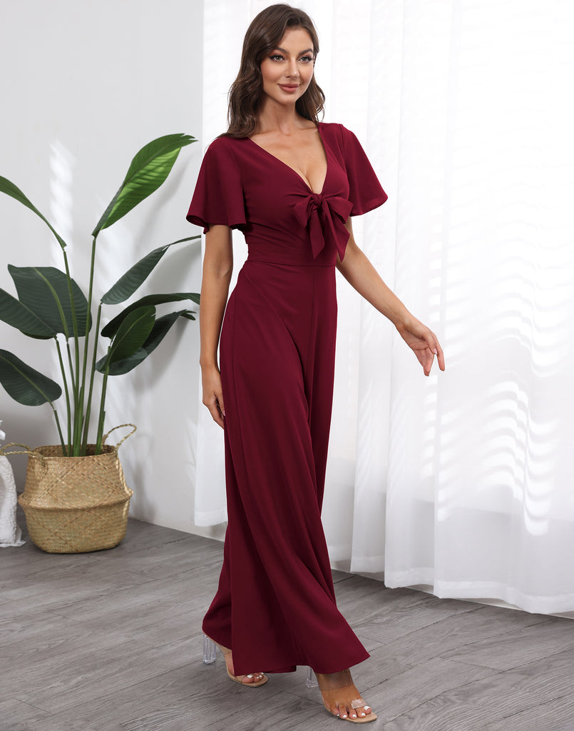 Bow V-neck Lotus Leaf Sleeves Loose Temperament Elegant Jumpsuit Chiffon Wide Leg Pants