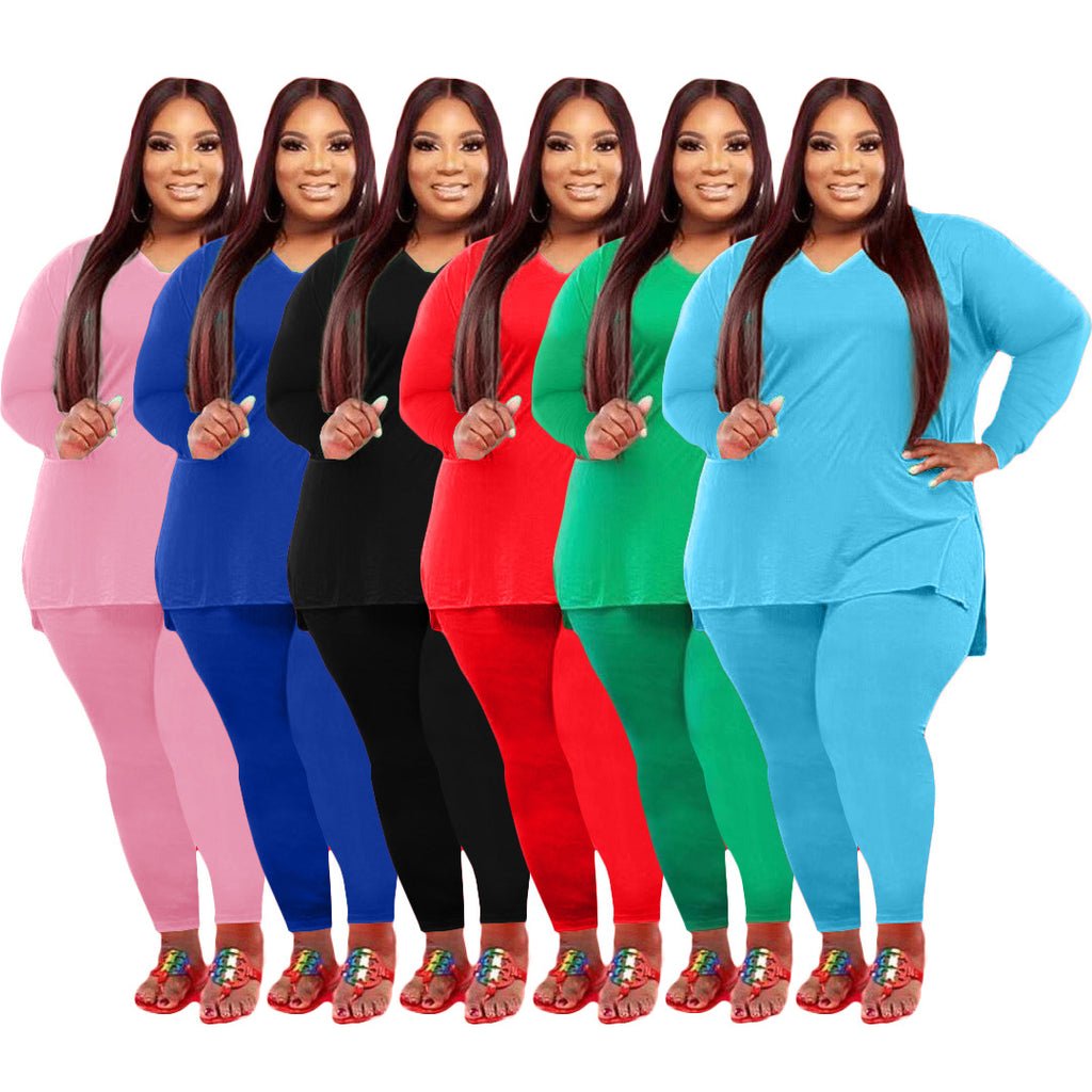 Large Size Women's Clothing Fashion Casual Solid Color Two-Piece Set Women