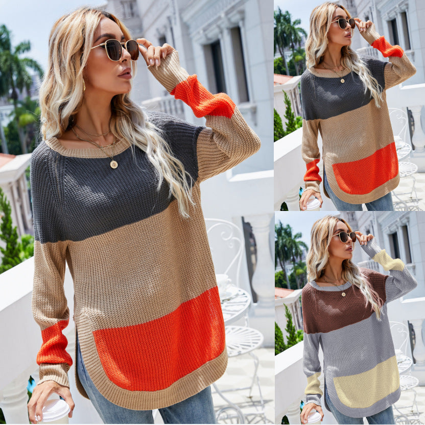 Autumn and Winter New Mid-Length High Slit Contrast Color Pullover