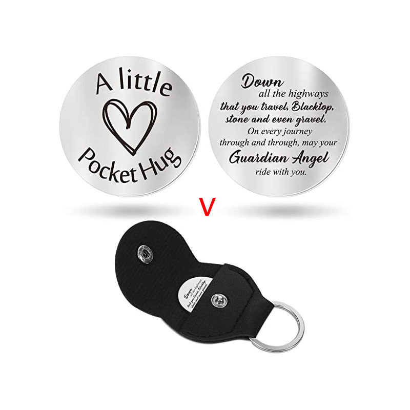 A small pocket Hug engraved key chain round stainless steel metal accessories