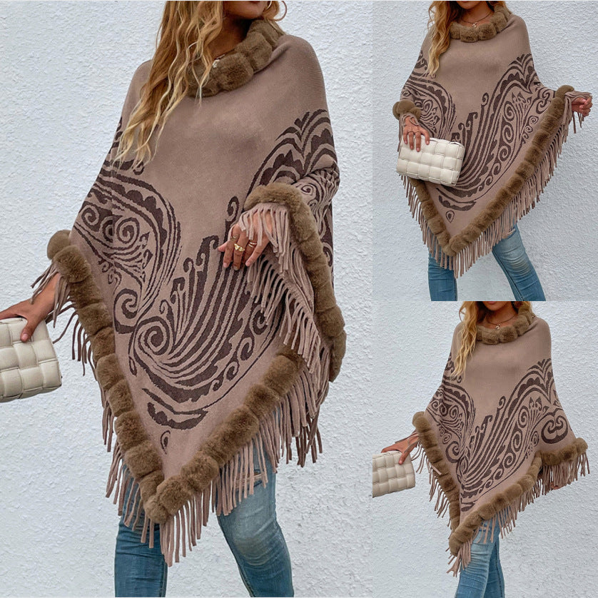 Autumn and Winter New Fur Collar Pullover Tassel Shawl Sweater Cloak