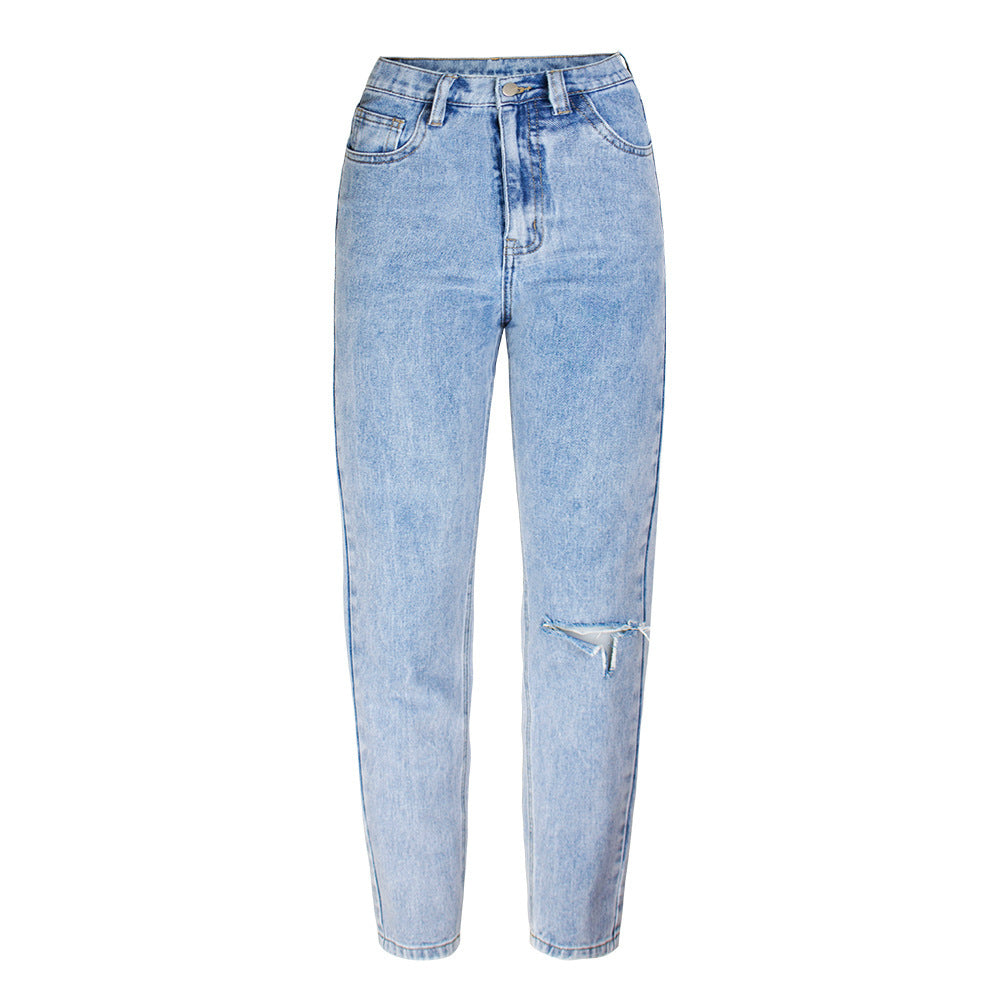 European and American Style Jeans Female Leisure Washed-out Hole High Waist Straight Pants