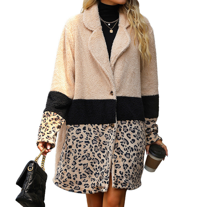 Fashion Stitching Leopard Print Large Coat Women's Clothing