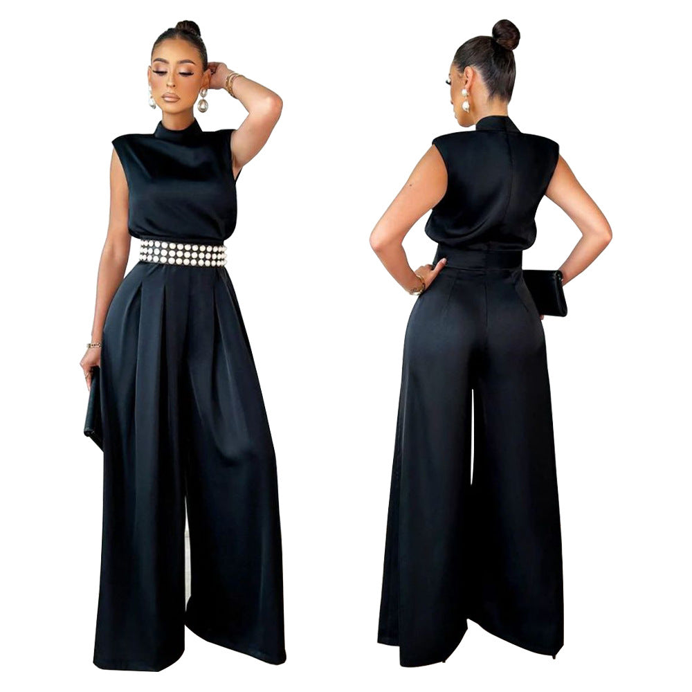 Fashionable Wide Leg Pants Solid Color Turtleneck Sleeveless Fitted Waist Jumpsuit