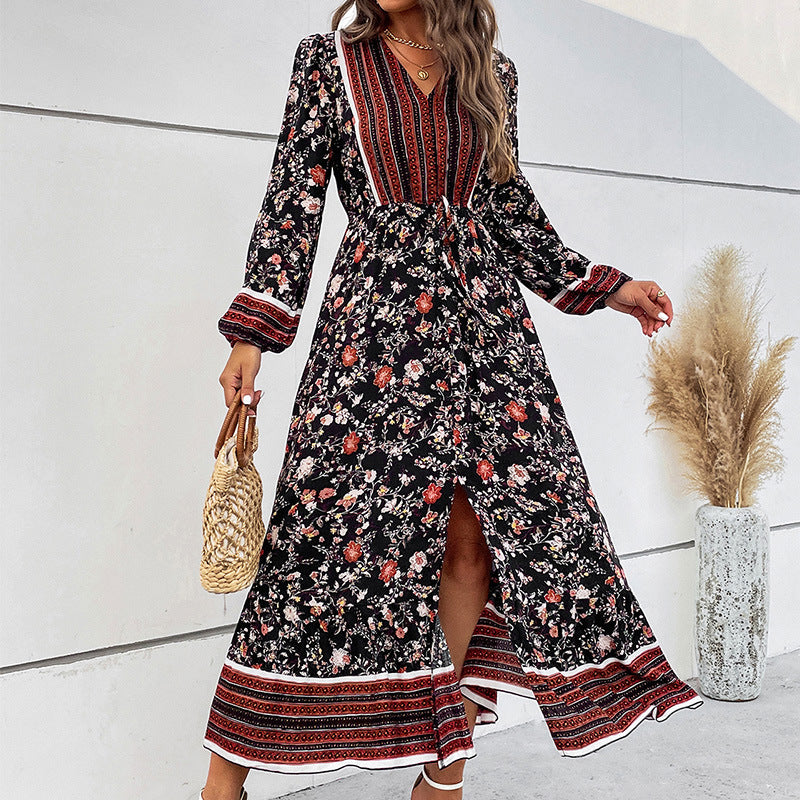 Women's V-neck Puff Sleeve Bohemian Printed Long Sleeve Split Dress