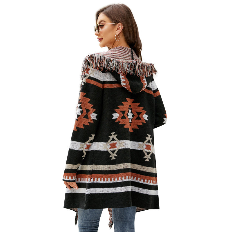 Autumn and Winter European and American Sweater Tassel Hooded Knit Cardigan Geometric Jacquard Long Sweater Coat