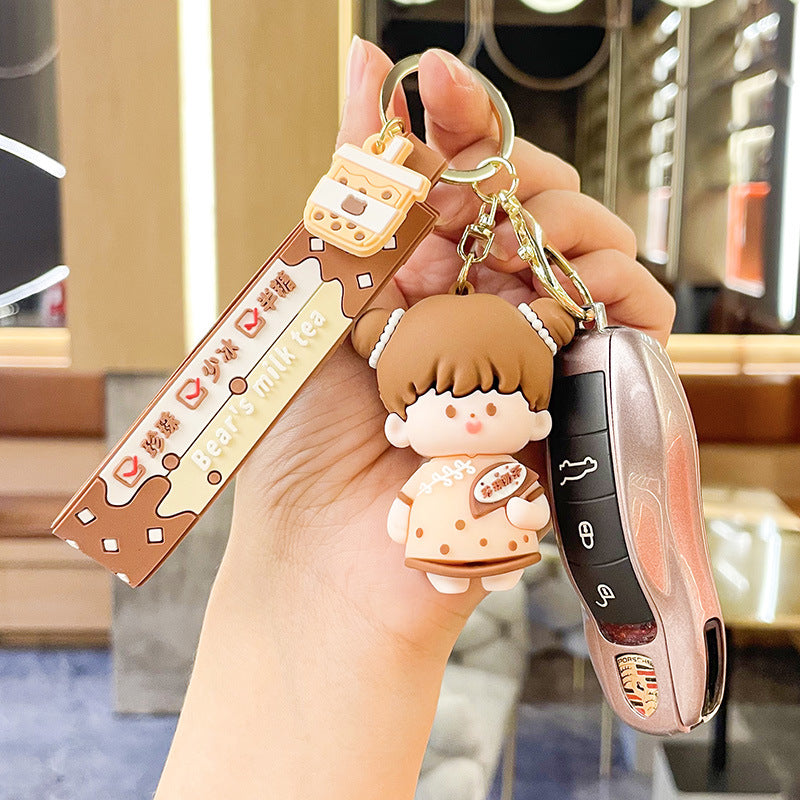 Cartoon Bubble Tea Couple Little Bear Keychain Cute Automobile Hanging Ornament Exquisite Bag Key Ring Pendants