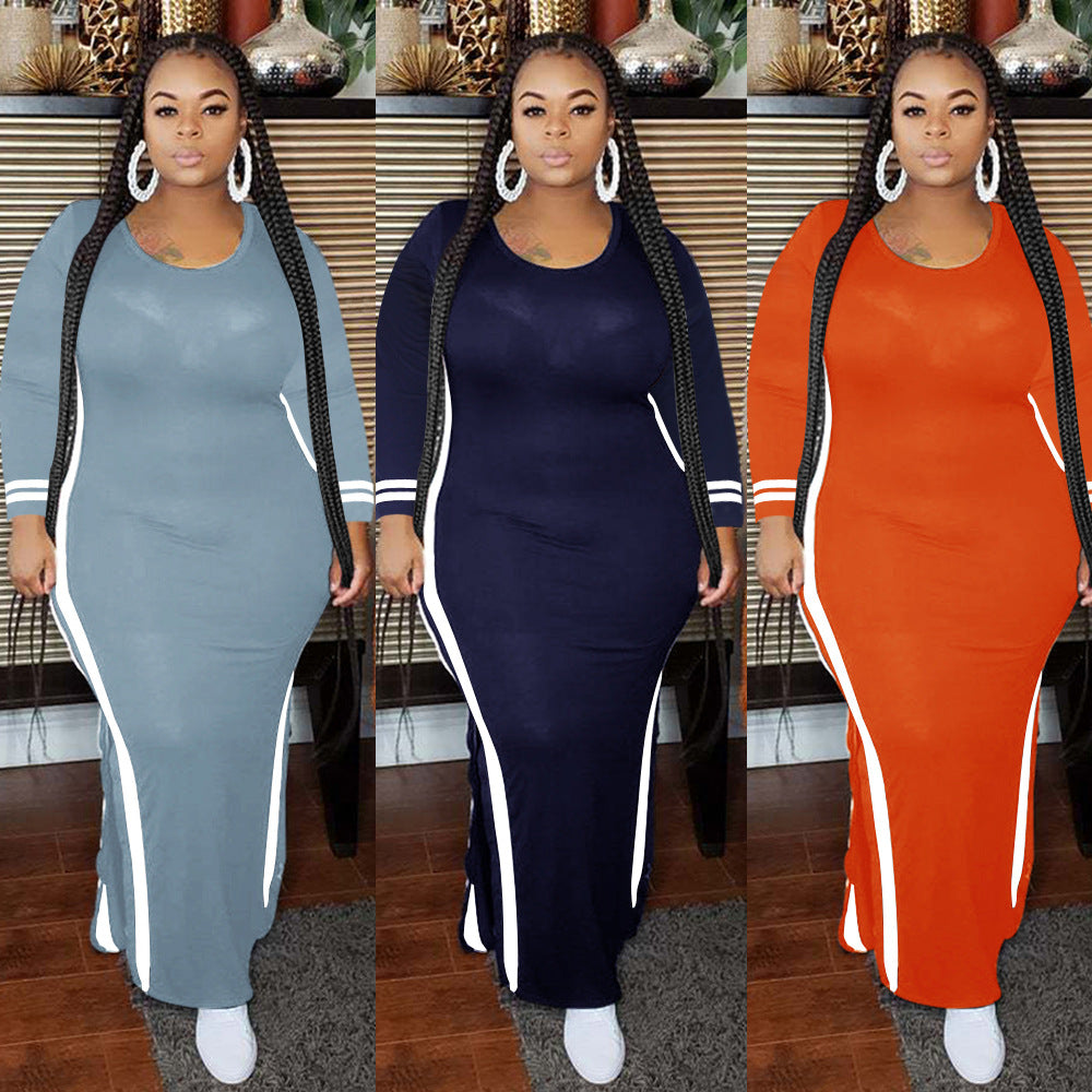 Autumn and Winter Solid Color Striped Patchwork Long Dress round Neck Long Sleeve Split plus Size Dress