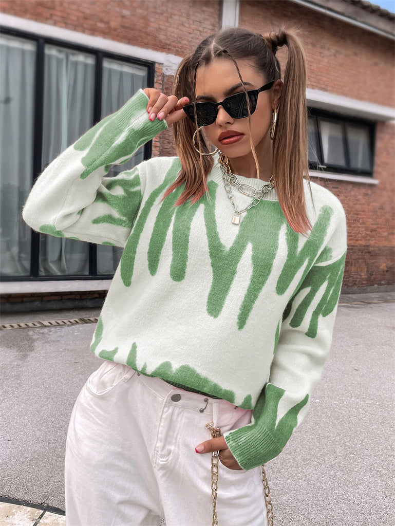 Autumn Winter Street Hipster Color Matching Knitted European and American Loose Abstract Female round Neck Pullover Top Jacket Long-Sleeved