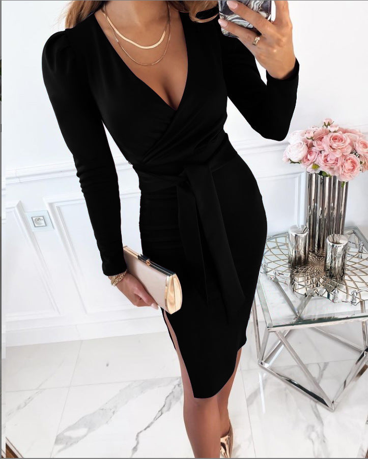 V-neck Sexy Temperament Commute Lace-up Solid Color Dress for Women