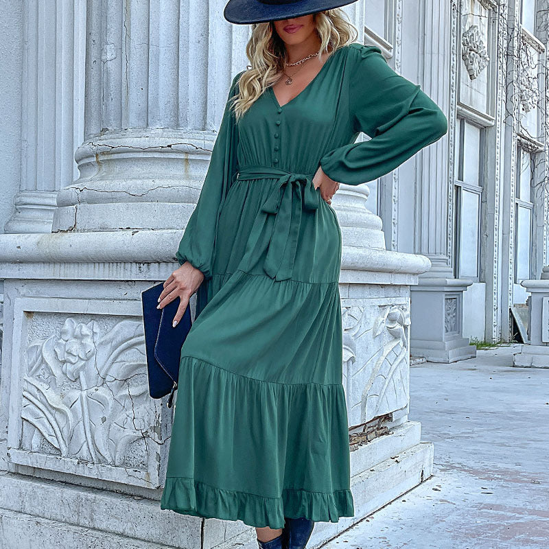 Fashion Women's Wear Autumn and Winter New Long Sleeve Pleated Green Dress