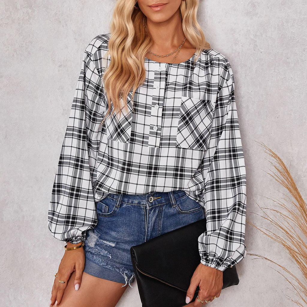 2022 Autumn New Shirt Women's Fashion Plaid Crew Neck Shirt Fashion