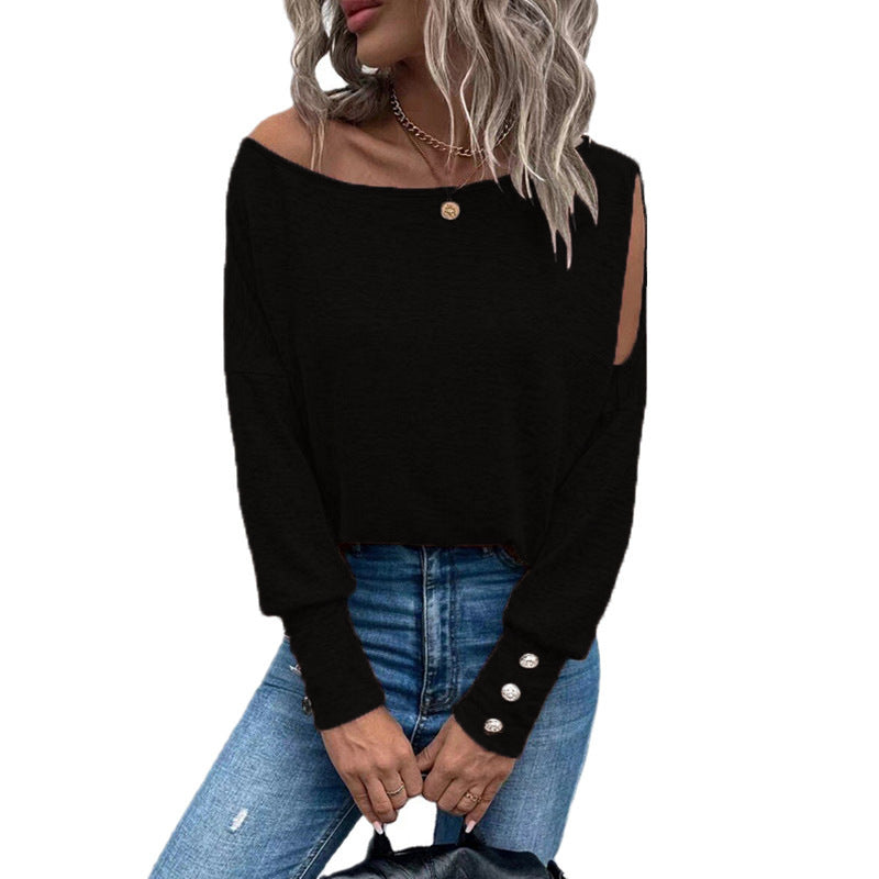 Solid Color Fashion off-the-Shoulder Cuff and Button T-shirt