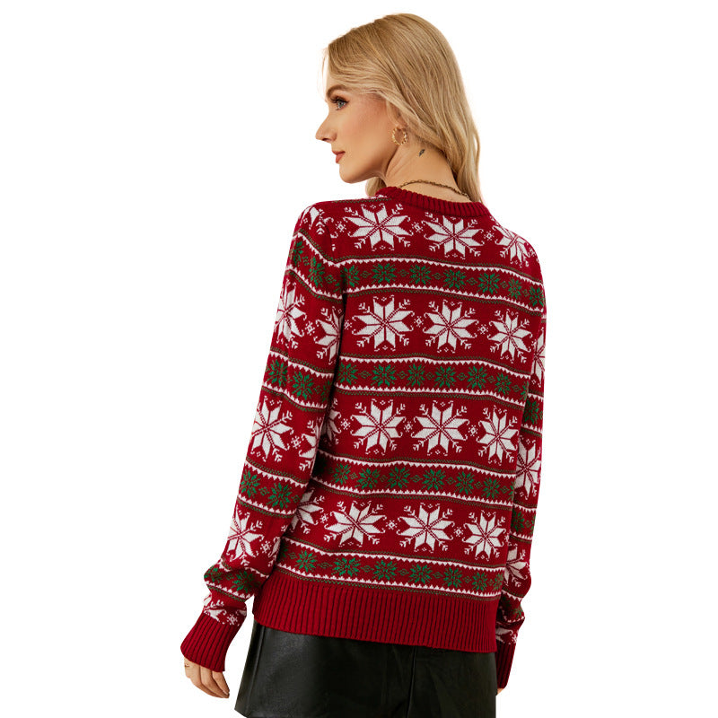 Autumn and Winter round Neck Sweater Women's Red Christmas Sweater Long Sleeve Snowflake Christmas Sweater