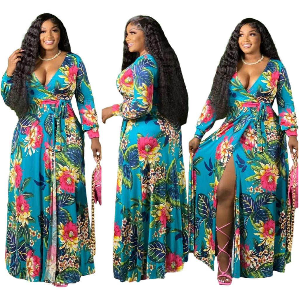 YM-8617 women fahshion 3/4 sleeve v neck foral printed maxi dress