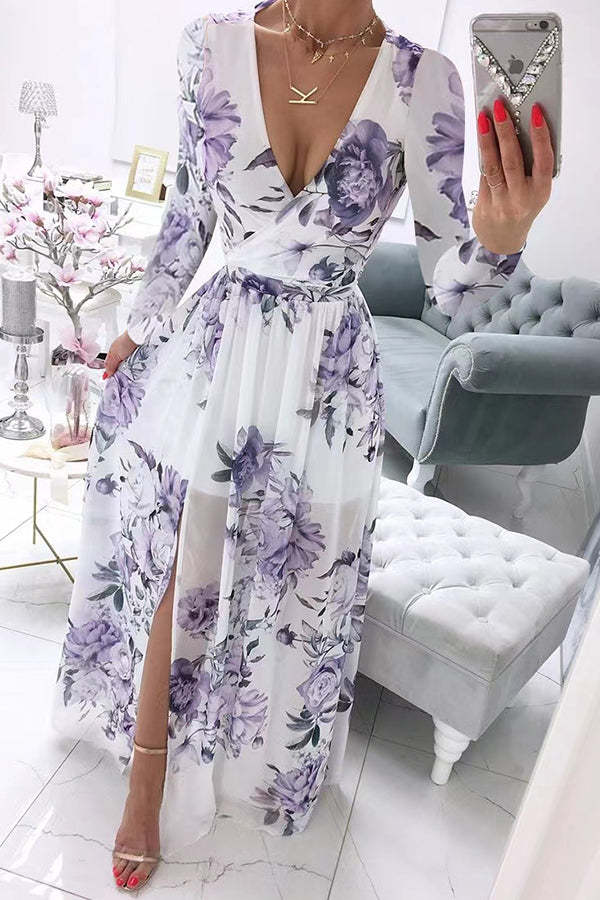 Women's Long-Sleeved V-neck Chiffon Printed Bohemian Dress