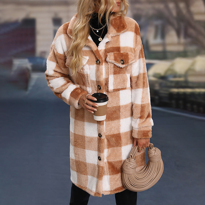 Casual Mid-Length Double Pocket Plaid Warm Furry Coat