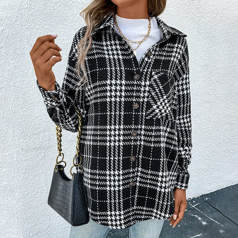 Casual All-Matching Fashion Plaid Woolen Jacket Long-Sleeved