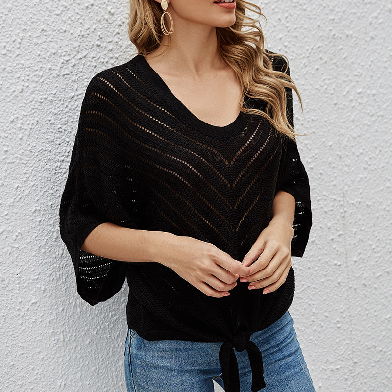 Women's V-neck Short-Sleeved Batwing Shirt Top Lace-up Thin Hollow Sweater