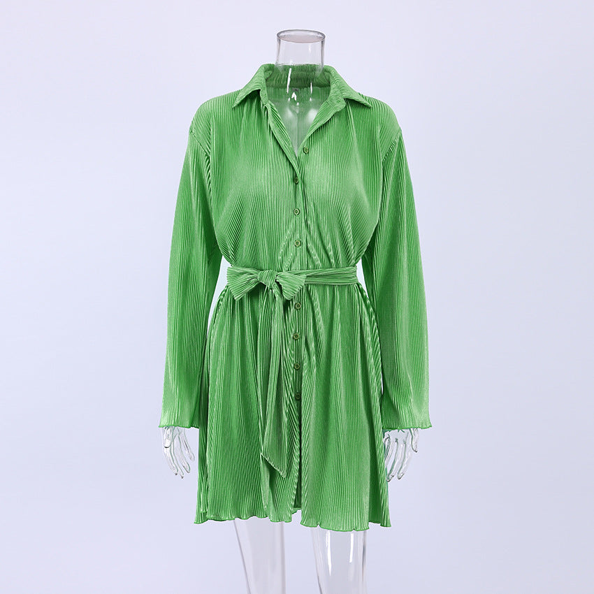 European and American Leisure Pleated Shirt Dress Toothpick Pleated Fashion Commuter Dress Fitted Waist Bowknot