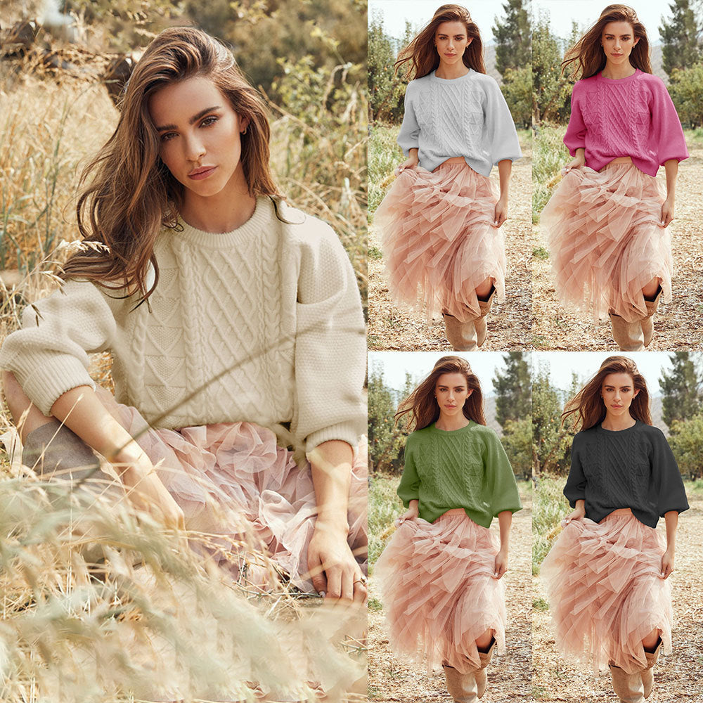 Fashion Solid Color Twisted Rope Knitwear Loose Crew Neck Pullover Sweater Women