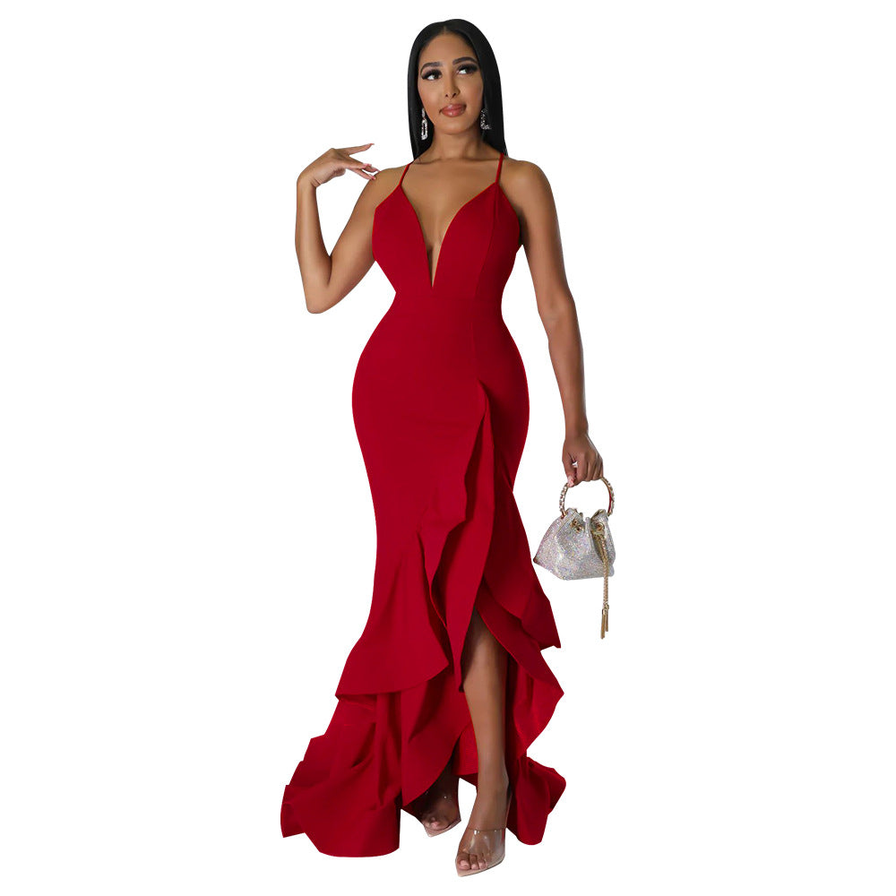 Backless Dress V-neck Flounce Strap Dress