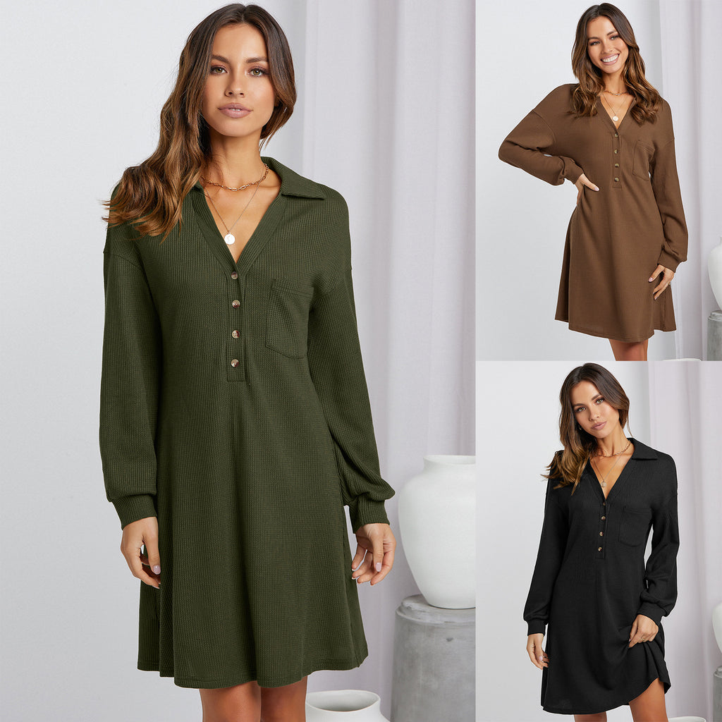 2022 autumn and winter new waffle shirt skirt fashion V-neck loose dress