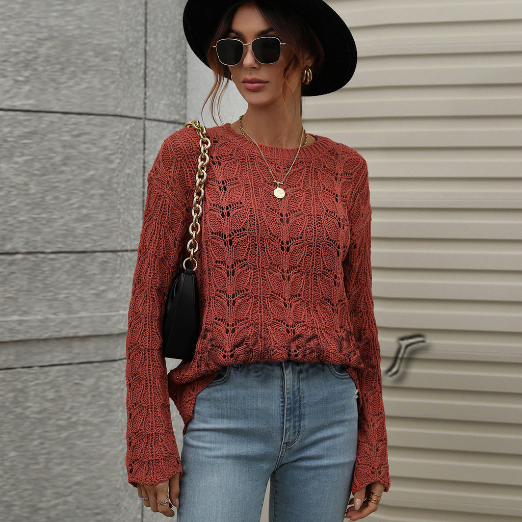 Women's Knitted Solid Color Crocheted Hollow-out Pullover round Neck Loose Sweater