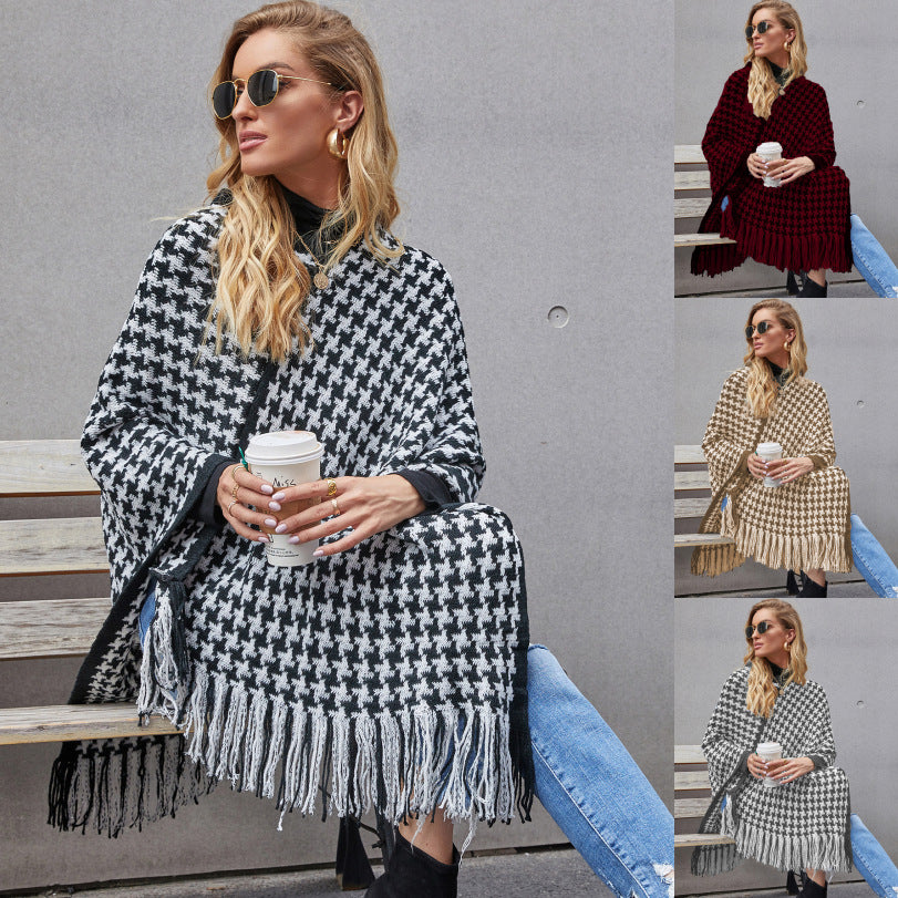 Autumn and Winter New Houndstooth Tassel Shawl Sweater Cloak Women