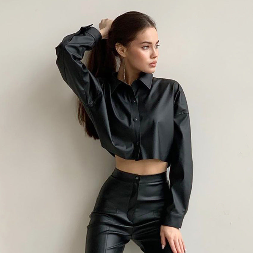 PU Leather Coat European and American Women's Clothing Street Hot Girl Middle Section Domineering Shirt Long Sleeve Short Shirt Motorcycle Style
