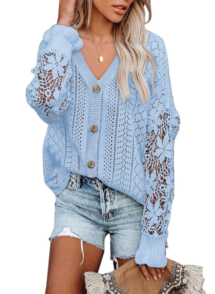 Casual Pure Color All-Matching Cardigan Sweater European and American Hollow Lace Long Sleeve V-neck Sweater Top Women