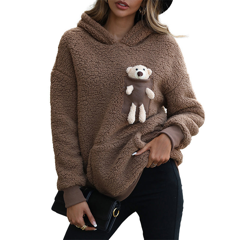 Bear Hoodie Women's Brown Lamb Wool Velvet Padded Hooded Sweatshirt