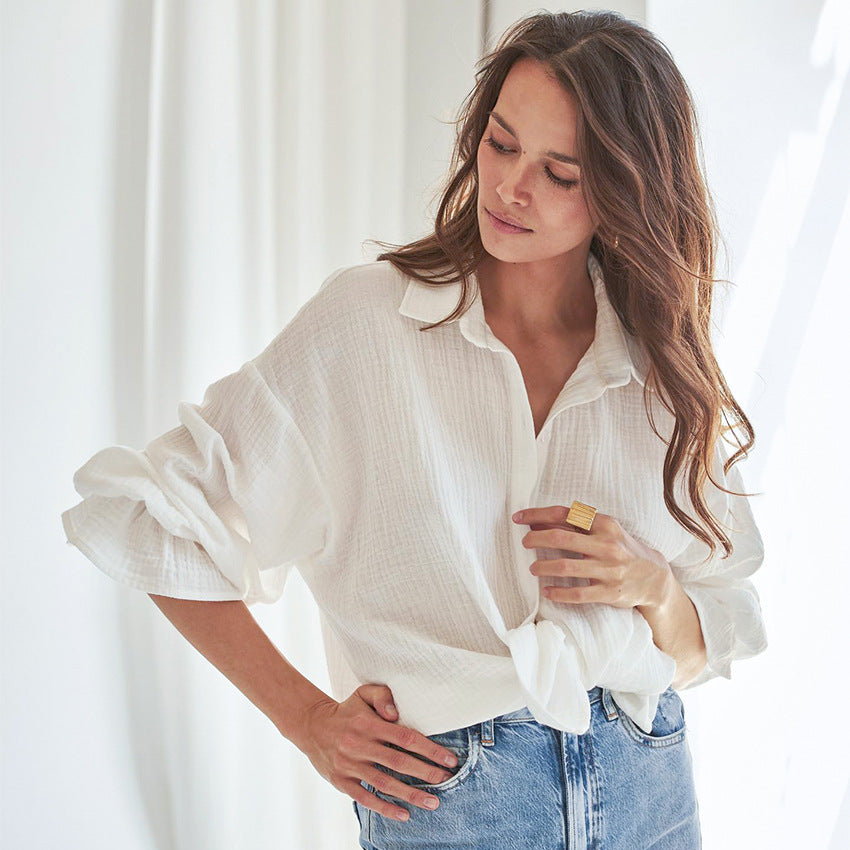 Flared Sleeves Long Sleeves Shirt European and American Pure Cotton Leisure Commute Niche Women's White Shirt