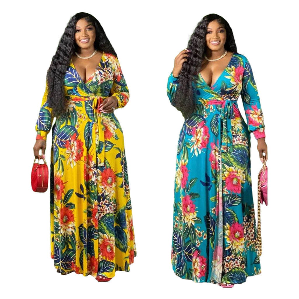 YM-8617 women fahshion 3/4 sleeve v neck foral printed maxi dress