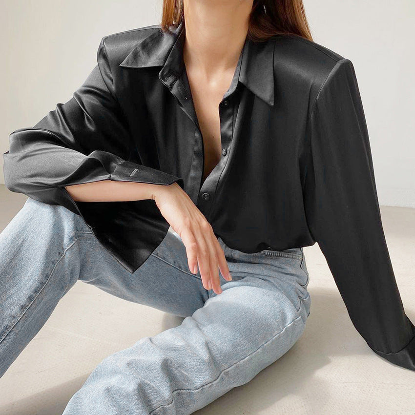 European and American Satin Shirt Draping Ice Silk Lapel Shirt Commuter Fashionable All-Matching Cardigan Women's Clothing