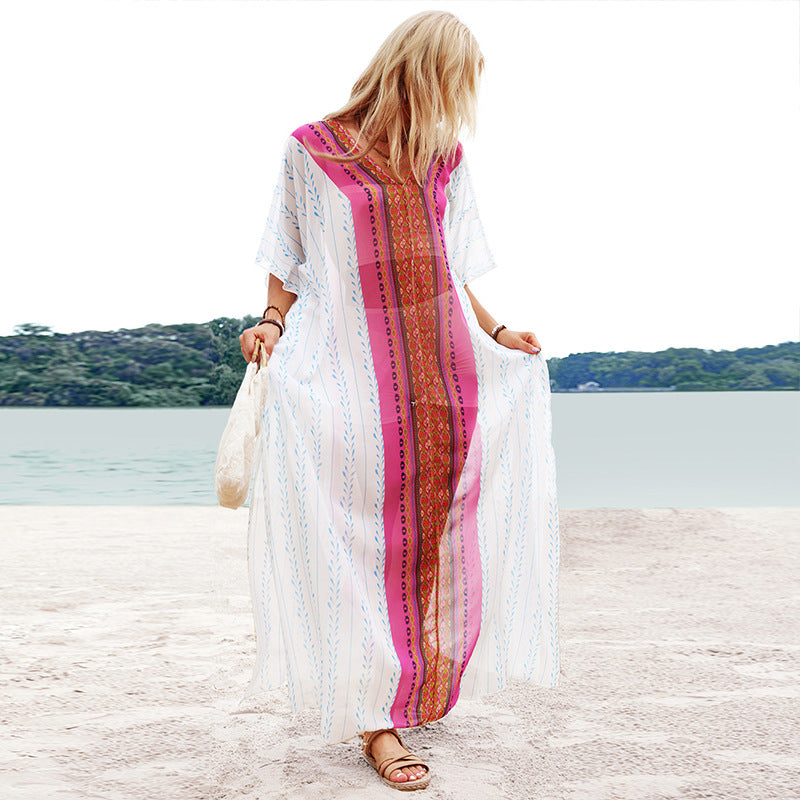 Bohemian Style Long Dress Casual Beach Half Sleeve Women's V-neck Dress