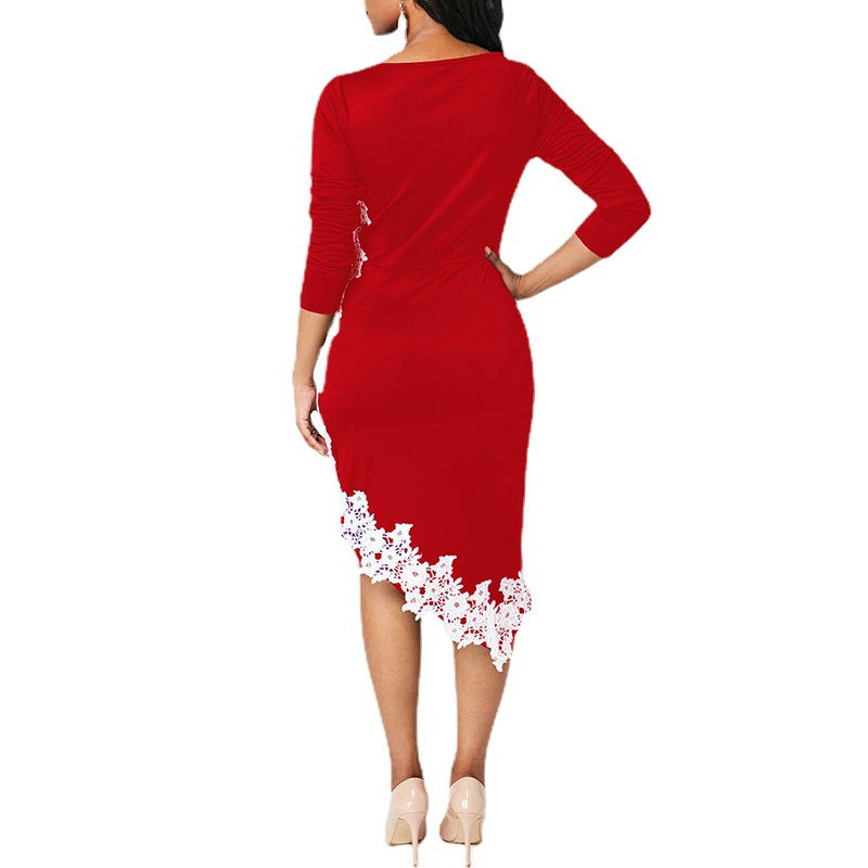 Fashion Lace Stitching Three-Quarter Sleeve Irregular Sheath Dress Temperament Commute Women's Clothing