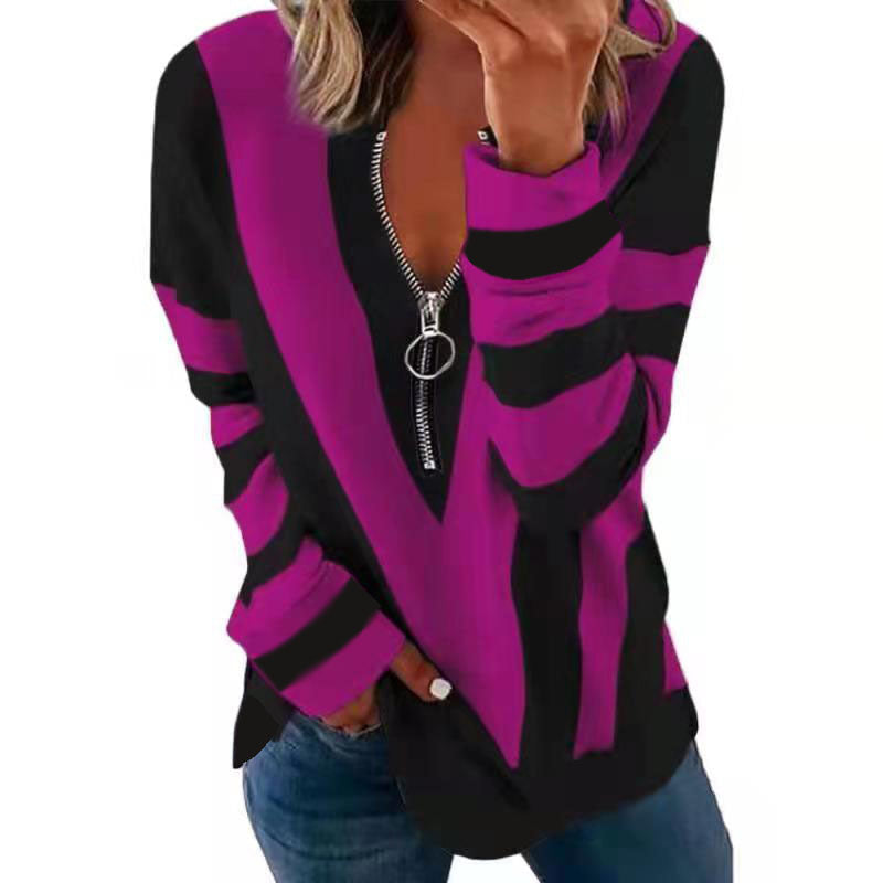 Amazon Amazon Temperament Chest Zipper V-Shaped Printed Long-Sleeved T-shirt in Stock