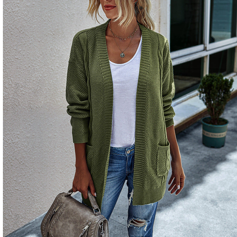 Women's Knitted Sweater Mid-Length Solid Color Slim-Fit Cardigan Sweater Coat for Women