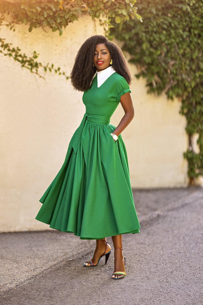 Blouse Collar Dress Temperament Commute Green High Waist Midi Skirt Belted Dress