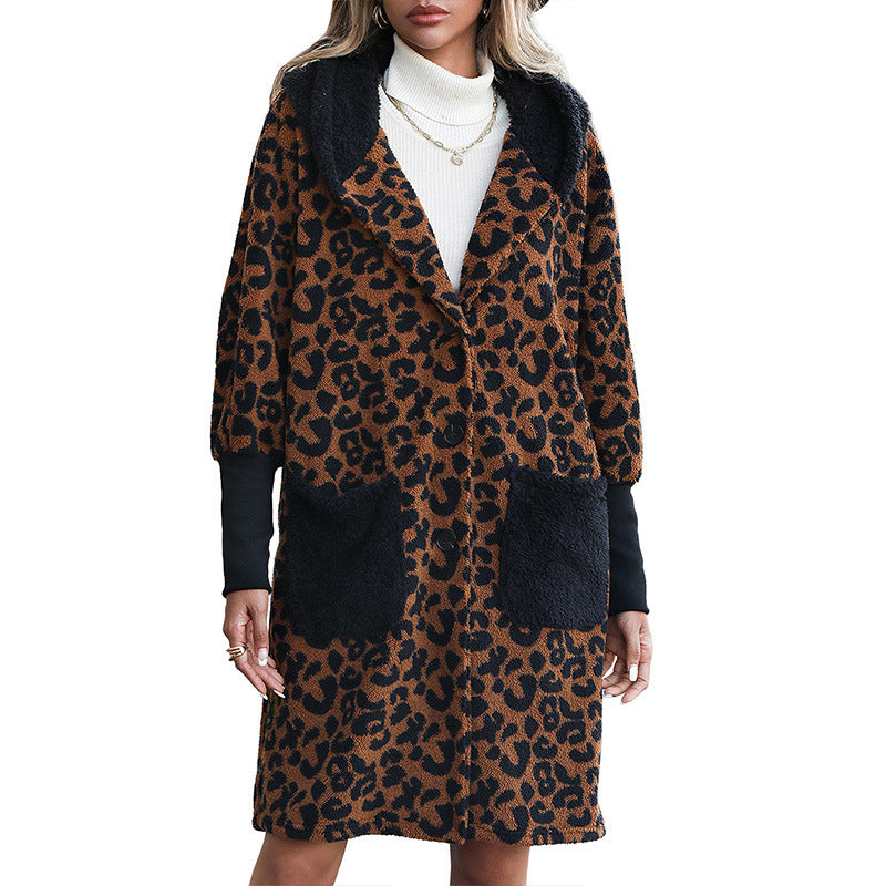 Fashion Loose Temperament Leopard Splicing Black Imitation Fur Furry Coat