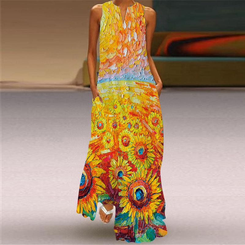 European and American Retro Printed Long Dress V-neck Multicolor Long Sexy Sleeveless Dress