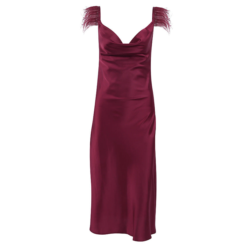 Suspender Dress Feather Plush New Year Red Dress Fashion French Style Design Dress