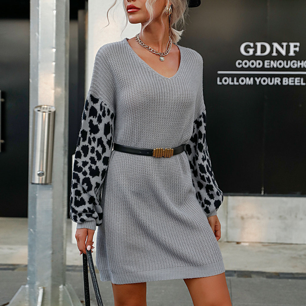 Amazon 2022 Autumn and Winter New European and American Retro Women Knitted Dress V-neck Stitching Leopard Print Pullover Sweater